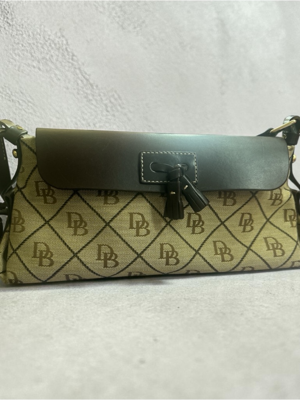 Dooney & Bourke Monogram Brown Canvas & Dark Brown Leather Shoulder Bag